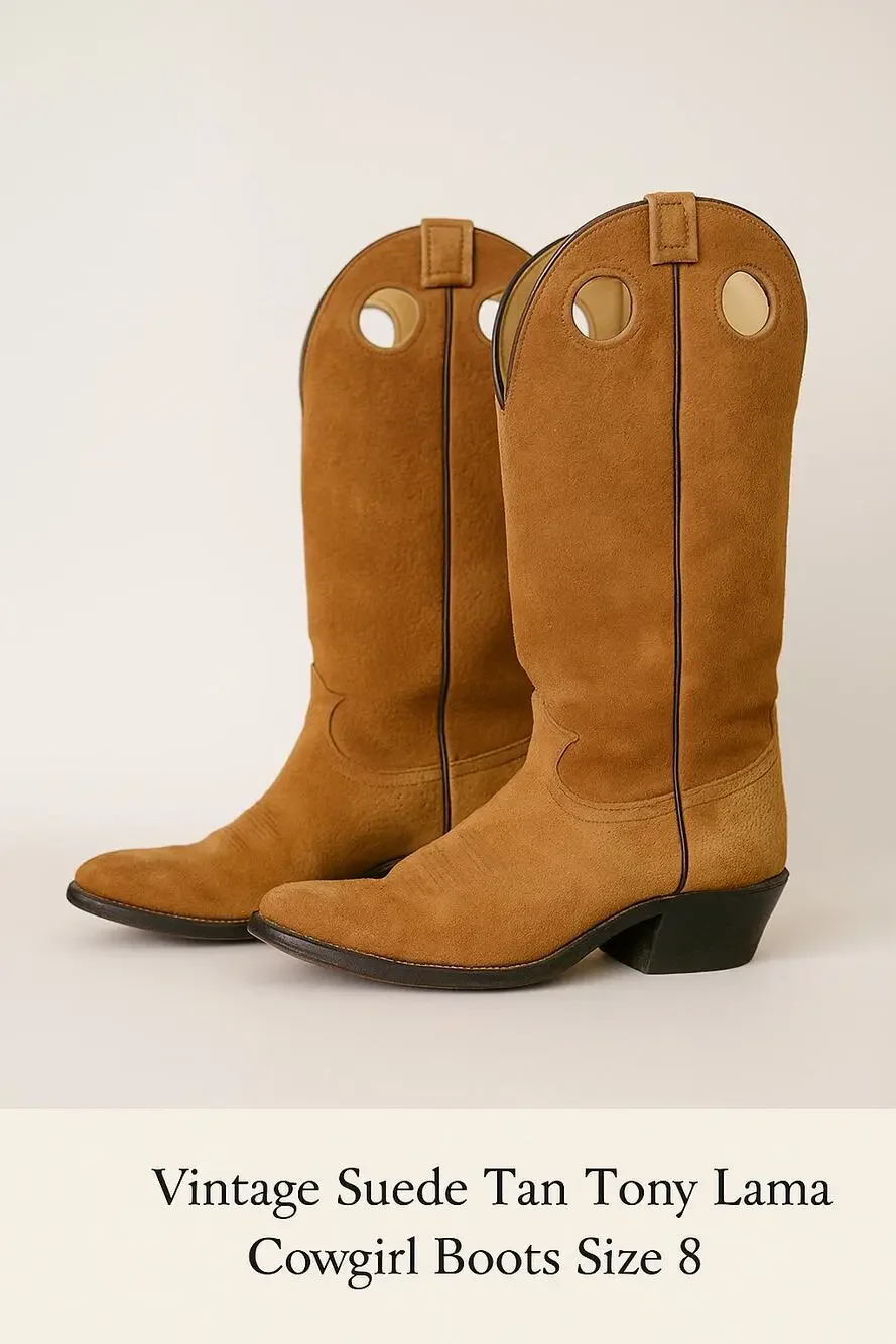Vintage Tony Lama Suede Cowgirl Boots – Tan Western Round Toe Size 8